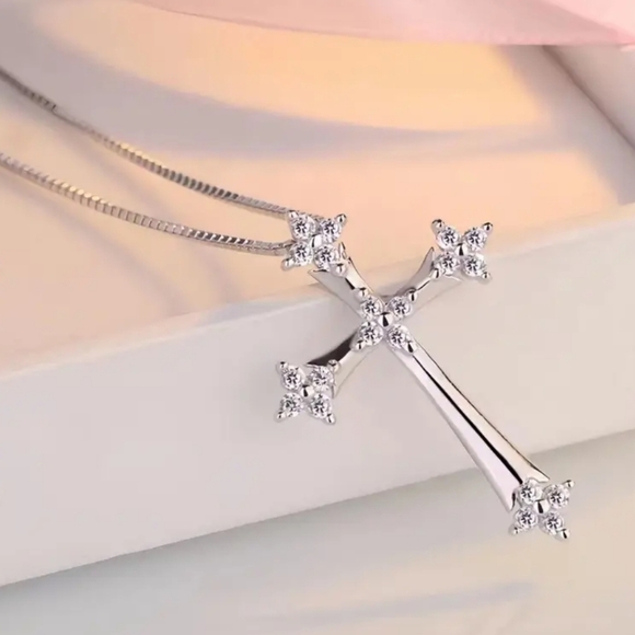 Silver Rhinestone Cross Pendant Necklace - Picture 2 of 3